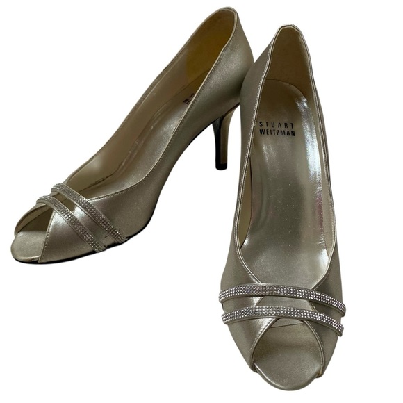 Stuart Weitzman Glohotwire Heels Chrome Raso Satin Rhinestone Peep Toe Size 6 - Picture 3 of 16